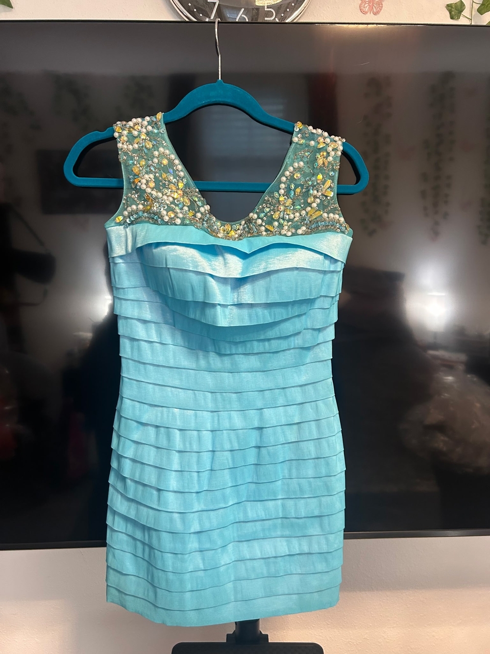 Junior/Teen Girls Beaded Aqua Tiered Prom Dress